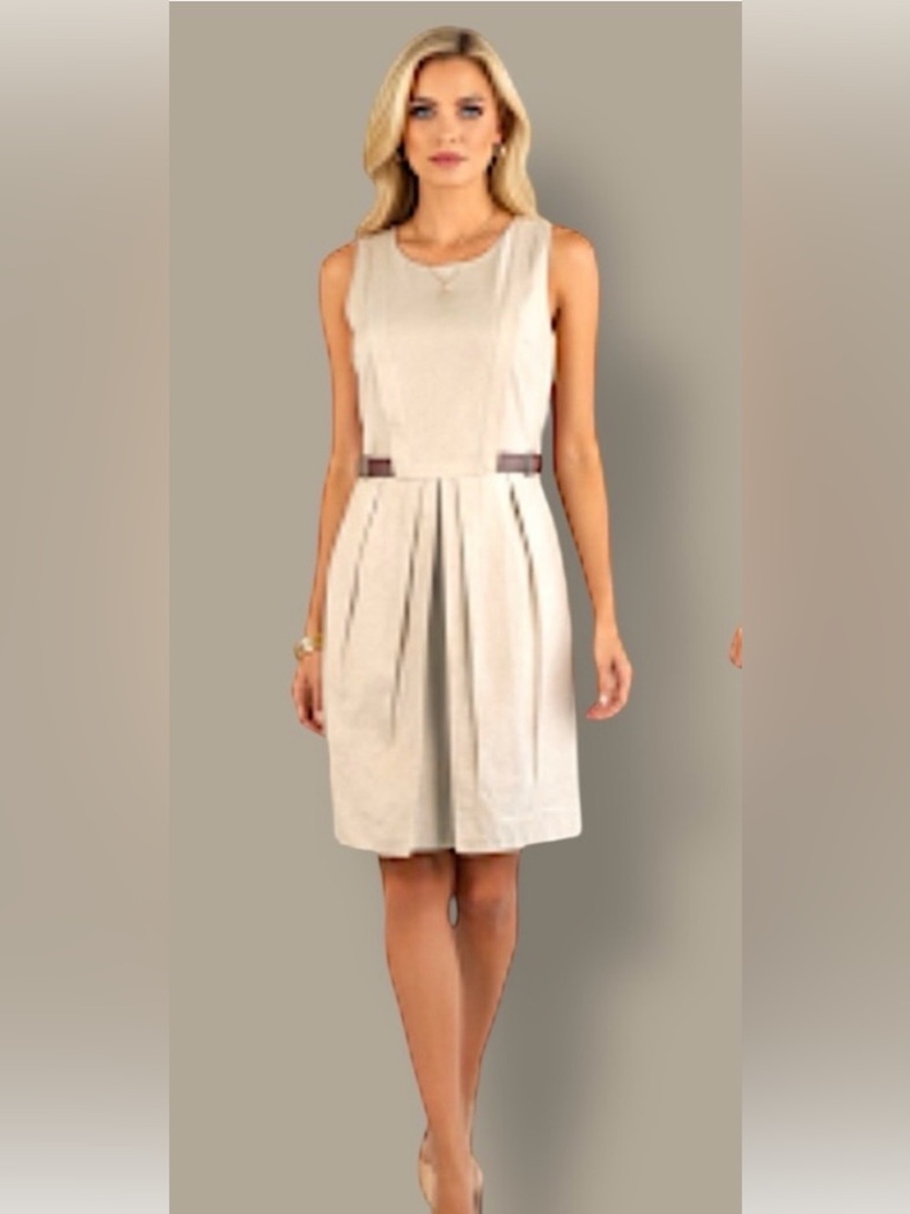 ESLEY Vintage Safari Linen Blend Leather Details  Plated Sheath Dress in Tan S